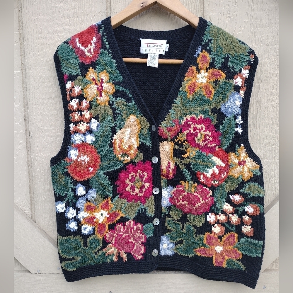 Vintage Talbots Vest Women Petite Large PL Floral Hand Knit Twee Cottage Core